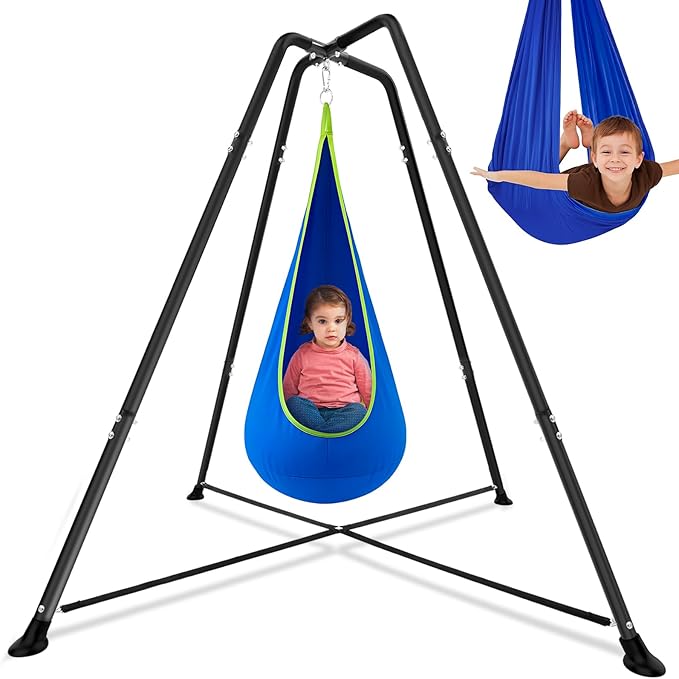 Sensory Swing Stand Frame with Pod Chair and Swings Set Kid Heavy Duty Metal Swing Stands Autism Hammock Chair Stand Tree Saucer Round for Kid Adult Indoor Outdoor Backyard Park(Blue)