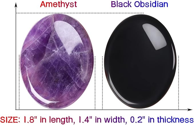 QINJIEJIE 2PCS Thumb Worry Stone for Anxiety Healing Crystals Amethyst Black Obsidian Hand Carved Oval Palm Pocket Stones Meditation Crystal Reiki Relax Stone Anxiety Relief Items Gifts for Women