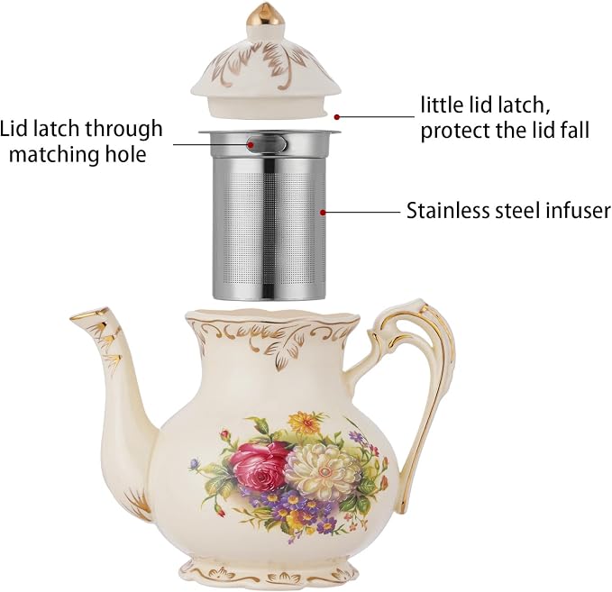 YOLIFE Flowering Shrubs Teapot, 25 OZ/ 3 Cup Ivory Vintage Porcelain Tea Pot with Infuser, Floral Teapot with Gold Leaves Trim Design