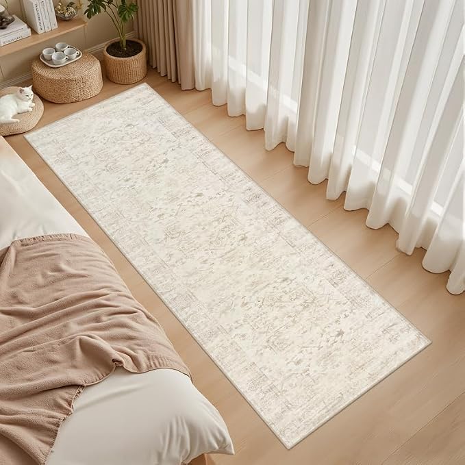 2'6''x8' Hallway Washable Runner Rug: Vintage Boho Neutral Kitchen Rug Soft Small Area Rug Indoor Floor Non-Slip Low Pile Carpet for Farmhouse Entryway Laundry Bathroom Bedroom Beside Rugs Beige/Brown