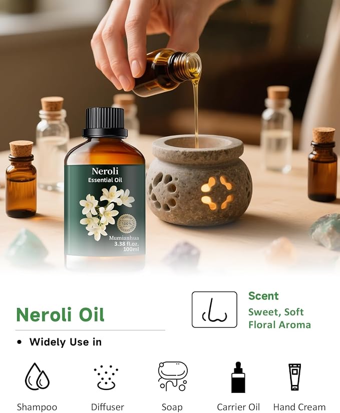 Neroli Essential Oil, Orange Blossom Oil, Diffuser, Skin & DIY, 3.38 Fl Oz | Mumianhua Neroli Oil, Steam-Distilled. Citrus-Floral Aroma. For Pillow Mist, Pulse Points, Perfume, Hair,Candle Making