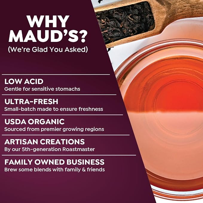 Maud's Organic English Breakfast Black Tea Pods, 24 ct, Single Serve Pods – 100% Gourmet Blended Tea Leaves, Compatible with Keurig K Cups Maker