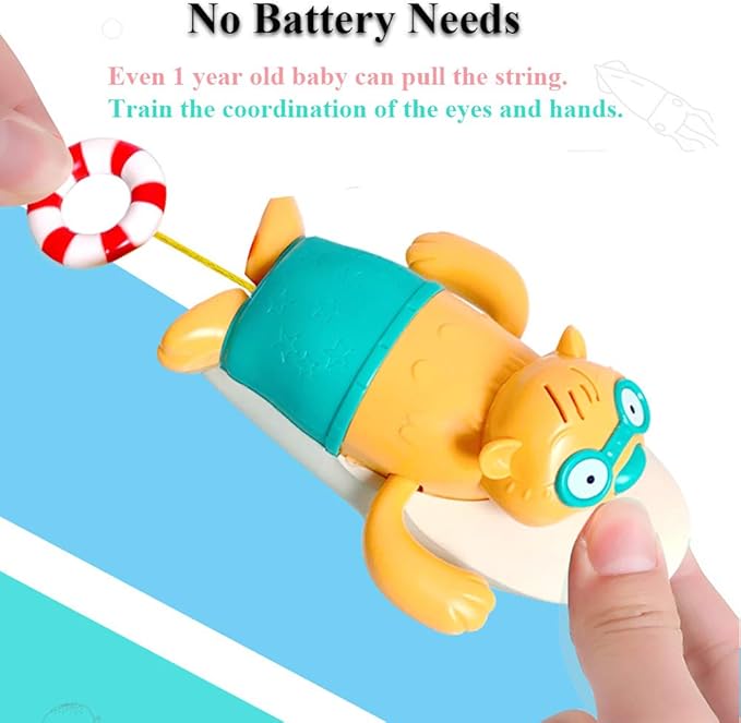 Pull String Baby Bath Toy Pull & Go Beaver Cute Surfing Beaver Swimming Beaver Windup Clockwork Bathtub Toy for Toddlers (Blue)