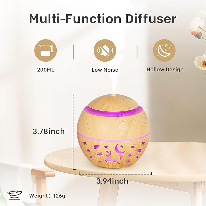 200ml Essential Oil Diffuser, Small Humidifier for Bedroom with USB Charging, LED Lights, 2 Filter Sticks, Portable Wood Grain Quiet Aromatherapy Mist Diffusers, Gift for Girls