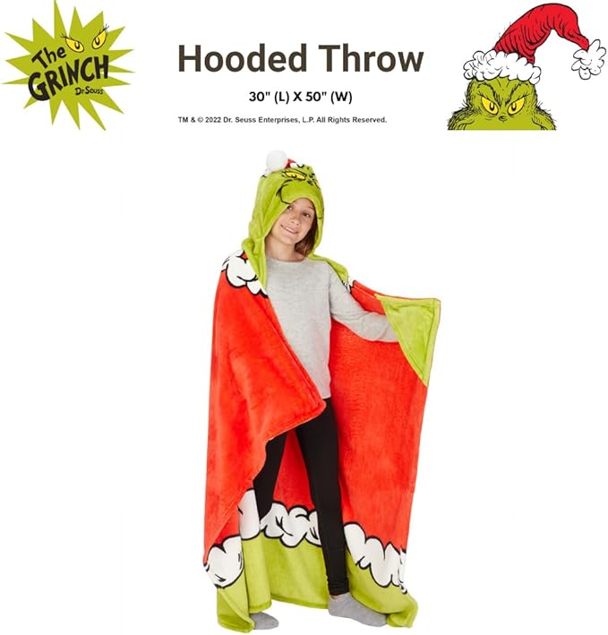 Franco Dr. Seuss The Grinch Holiday Christmas Kids Bedding Soft Cozy Hooded Throw Blanket, 40 in x 50 in, (Officially Licensed Product)