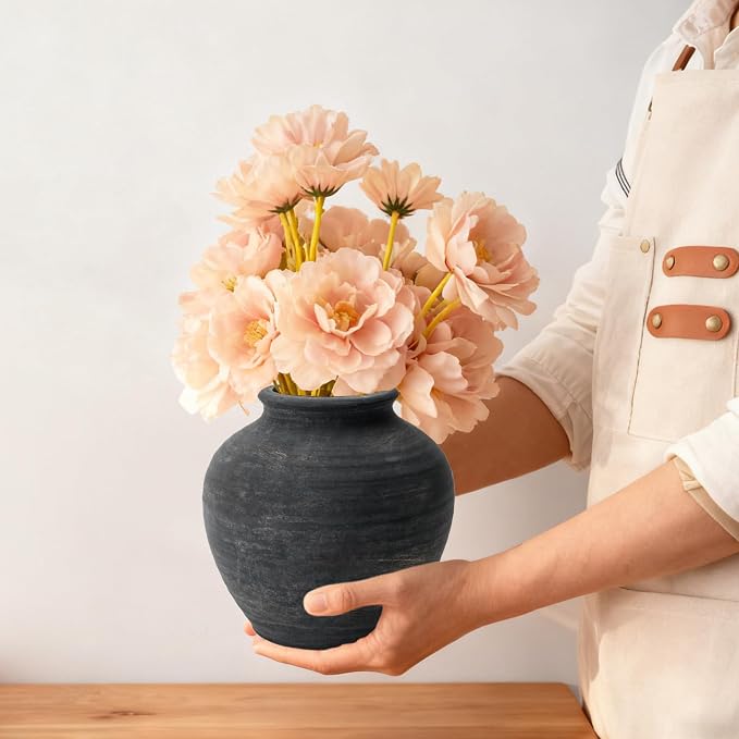 Ceramic Flower Vase Home Decor, 6.2 inch Farmhouse Rustic Vintage Decorative Vases, Pottery Terracotta Boho Flowers Vases for Dining Table, Living Room, Shelf, Kitchen, Bedroom (6.2"-Bronze)