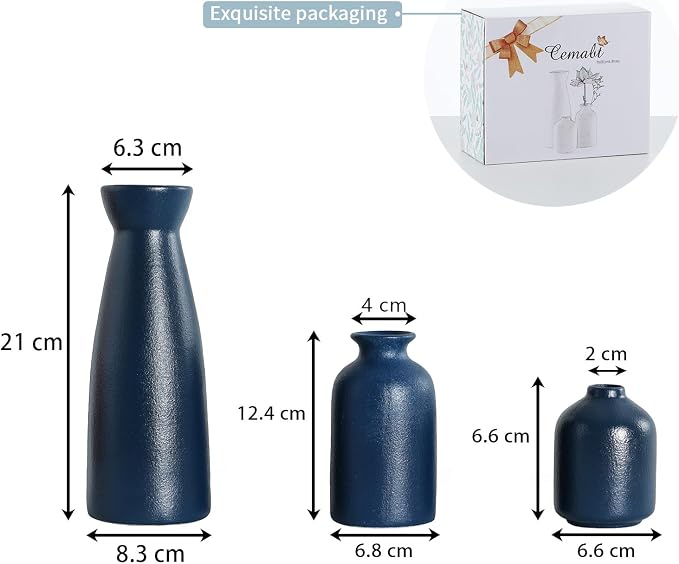 CEMABT Ceramic Blue Vases Set of 3 Small Flower Vases for Decor, Modern Rustic Farmhouse Home Decor, Decorative Vases for Pampas Grass,Idea Shelf,Table,Bookshelf,Entryway- Distressed Decor