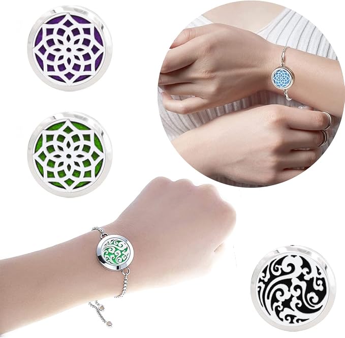 2 Pcs Essential Oil Diffuser Bracelet, Stainless Steel Aromatherapy Diffuser Locket Adjustable Bracelet with 20 Colorful Unscented Refill Pads, Set for Women Girls