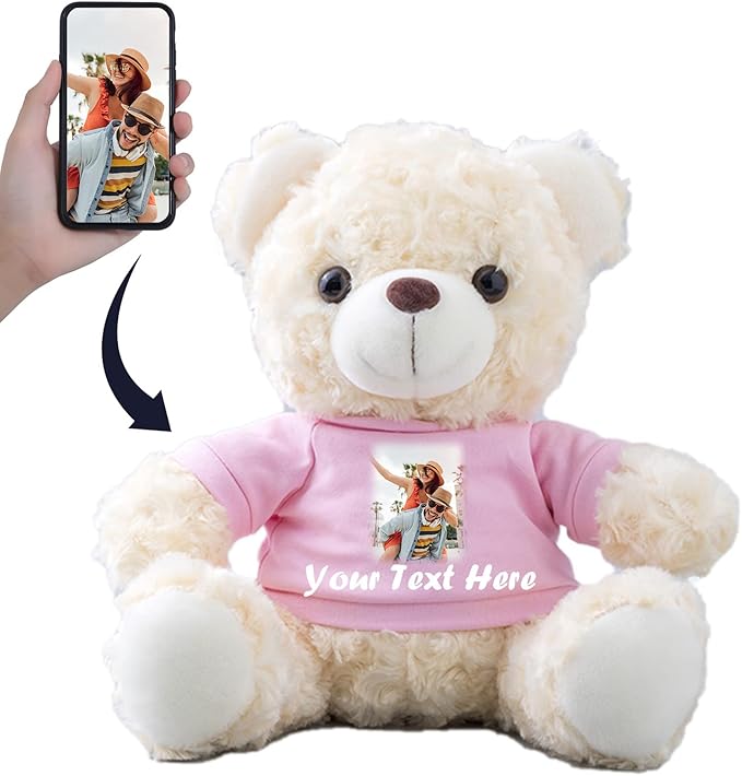 Teddy Bear Customized Gifts for Women/Men with Custom Text, Personalized Teddy Bear Stuffed with T-Shirt as Personalized Gifts for Christmas Valentines Day Birthday (10 inch-Text+Photo)
