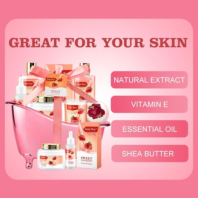 Spa Gift Basket, Spa Kit for Women, Bath & Body Gift Set, Home Spa Bath | Strawberry Scented Bath Gift Basket Set Christmas Gifts, Pamper Kit for Girls & Teens, Birthday Gift, Bath Self Care Gift