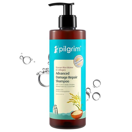Pilgrim Advanced Damage Repair Shampoo | Hydrates & Strengthens Dry, Damaged Hair | Korean Rice Water, Collagen, 17 Amino Acids, Wheat Protein & 5 Ceramides | 13.53 Fl Oz (400ml)