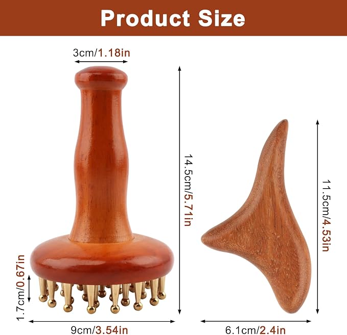 29-Teeth Wooden Handle Copper Head Massage Comb and Sandalwood Triangle Massager, Body & Scalp Gua Sha Tools Set for Meridian Acupressure, Stress Relief, Cellulite Remover