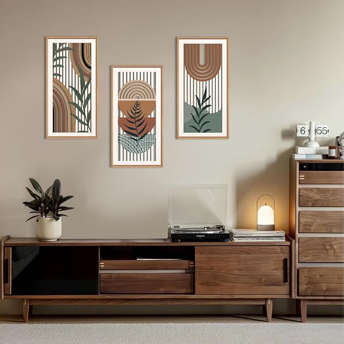 IARTTOP Boho Wood Wall Art Framed 8x16 Inch Set of 3 Mid-century Modern Abstract Wooden Wall Decor Minimalist Plant Artwork for Living room Bedroom Office