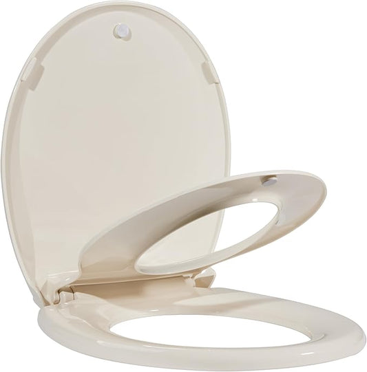 17" Round Toilet Seat for Adult and Child, Built-In Potty Training Seat with Soft Quiet Close Non-Slip Design, Magnetic Kids Seat and Cover for Round Toilets in Almond Color, Easy to Install and Clean
