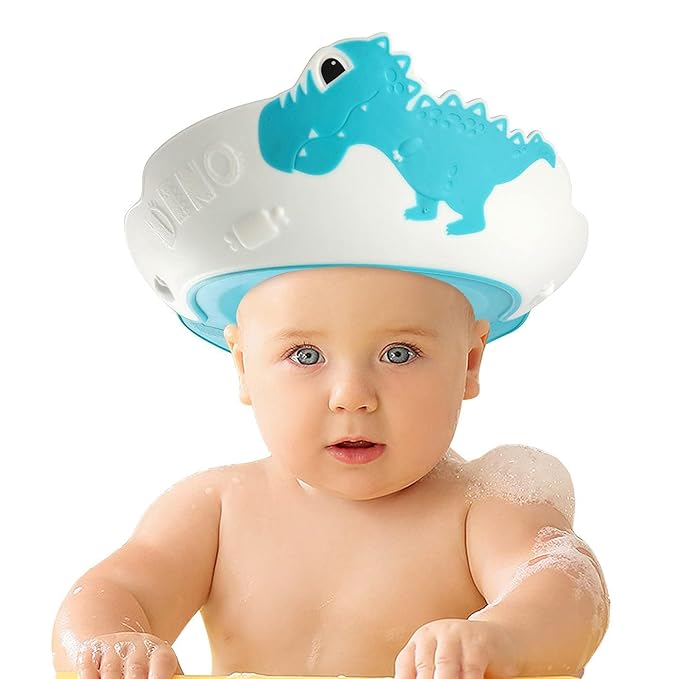 FUNUPUP Baby Shower Cap for Kids, Baby Bath Shampoo Visor Cap Hair Washing Shield Adjustable Silicone Bath Hat for Toddler Girls and Boys (Dinosaur,Blue)