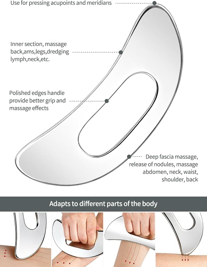 3-in-1 Stainless Steel Gua Sha Massage Tool Set, Muscle Scraper & IASTM Tools for Soft Tissue Mobilization, Myofascial Release, Body Skin Massage, Physical Therapy Sore Muscle Relief with Travel Pouch