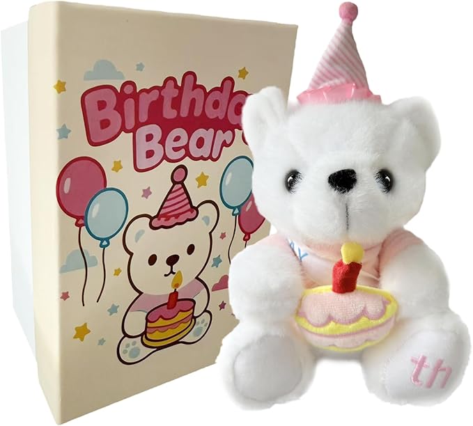 Happy Birthday Teddy Bear, Happy Birthday Stuffed Animal with Box, Adorable Bear with Cake Plush Gifts for Boys and Girls, Party Decorations Gift for 4-9 Years Kids(Pink)