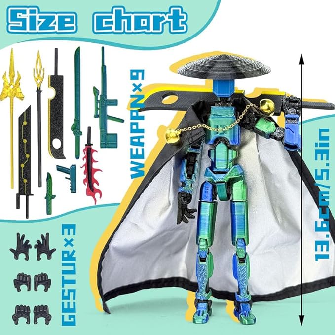 Assembly Completed T13 Action Figures,T 13 Action Figure, Robo 13 3D Printed Action Figure - The Ultimate Hero for Action-Packed Playtime,5.2 Inch (Blue Green)