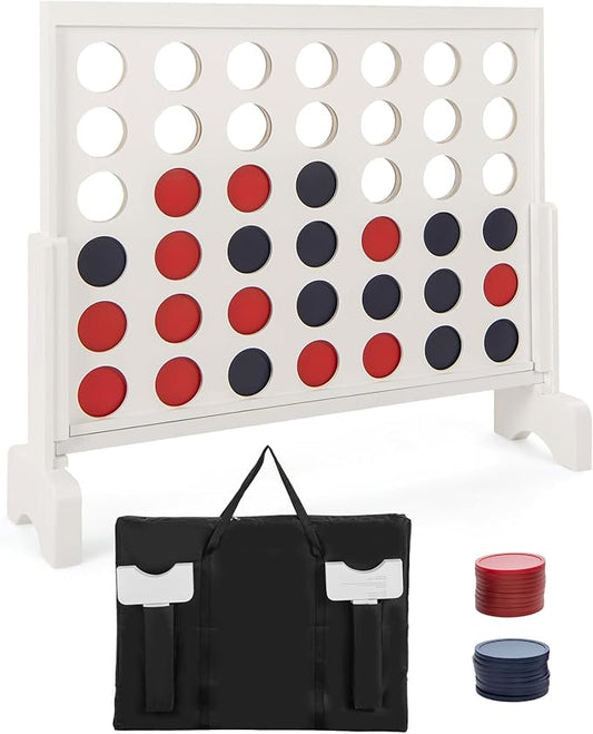 Costzon Giant 4-in-a-Row Game Set, Wooden Jumbo 4-to-Score Game with 42 PCS Chips & 600D Oxford Fabric Carrying Bag, Indoor Outdoor Line-up-4 Game for Kids & Adults, Ideal for Camping (White)