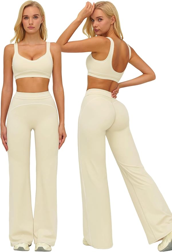 ABOCIW Two Piece Workout Sets for Women Racerback Tank Top Matching High Waist Wide Leg Yoga Pants Pilates Outfits
