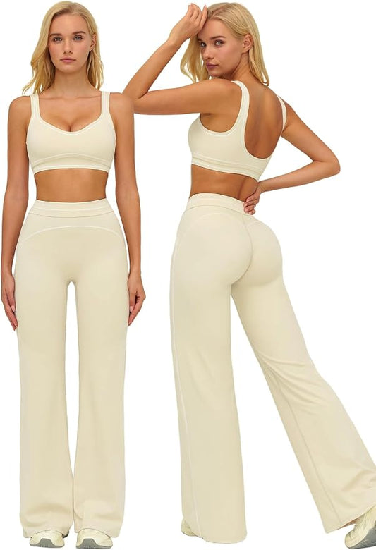 ABOCIW Two Piece Workout Sets for Women Racerback Tank Top Matching High Waist Wide Leg Yoga Pants Pilates Outfits