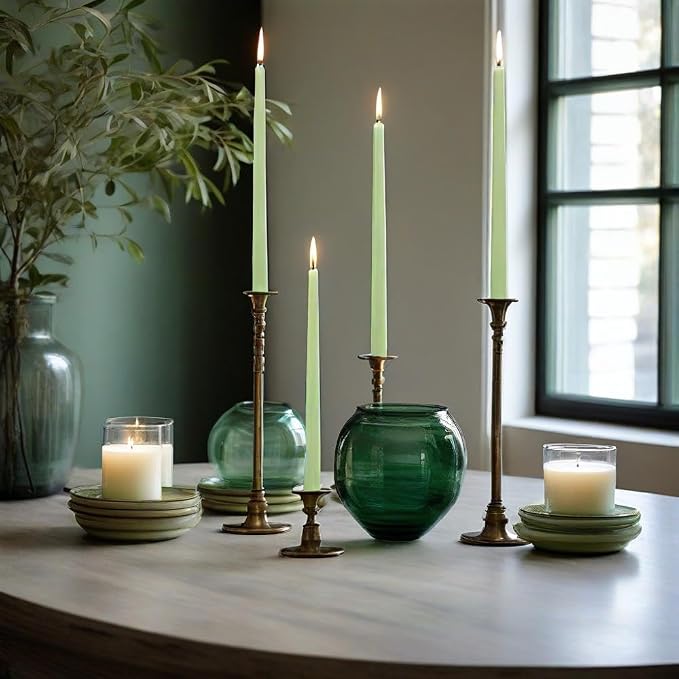 Cedar Scented Taper Candles 10'' Colored Candle Sticks Green Candles Set of 4 | Home Decor Kitchen Decor Wedding Decorations Candles