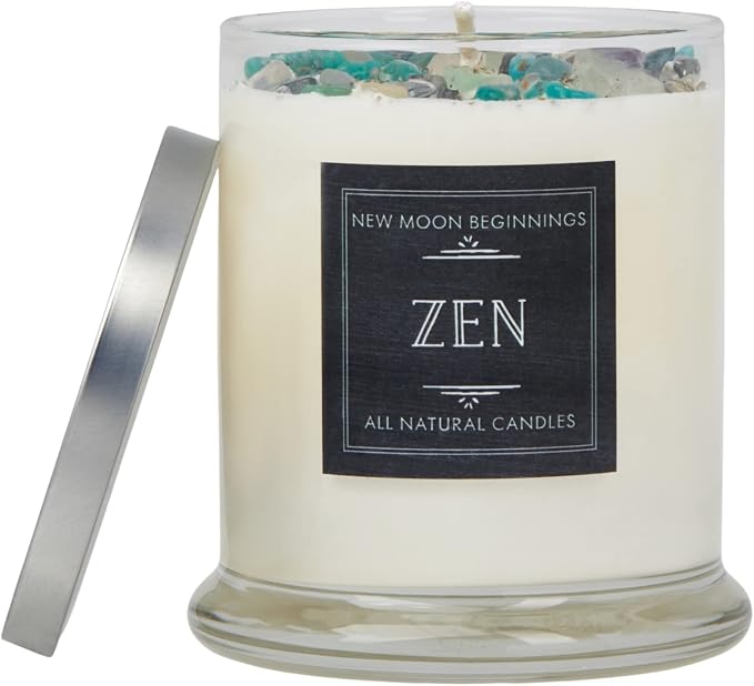 Zen Crystal Candle by NEW MOON BEGINNINGS - All Natural Aromatherapy Candle - 100% Soy Candle - Citrus, Cedarwood, Patchouli - Meditation Candle - 12 oz. Glass Jar with lid