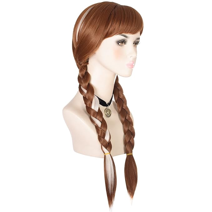 morvally Long Brown Braided Cosplay Wig for Women with Necklace Pigtails Synthetic Hair Wigs for Princess Costume Halloween Party Adult Size (Adult)