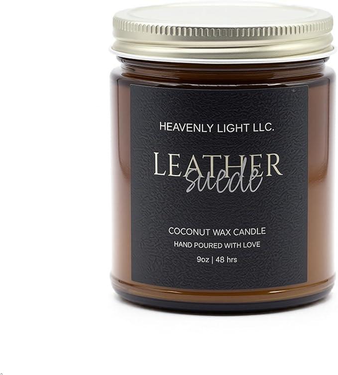 Leather Suede Scented Candle - 9 oz 100% Non-Toxic Coconut Wax Candle in Amber Glass Jar, Hand-Poured Aromatherapy Candle for Home, 50+ Hour Burn Time