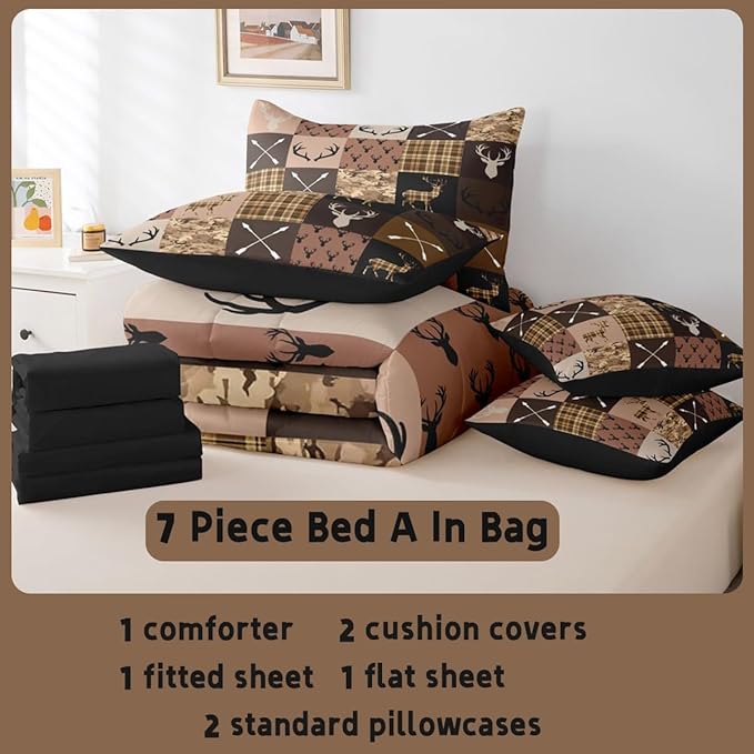 Feelyou Hunting Camo Deer Comforter Set with Sheets 7 Piece Queen Size Rustic Western Farmhouse Bedding Set for Kids Boys Girls Wildlife Animal Bed in a Bag Camouflage Hunter Room Decor Soft