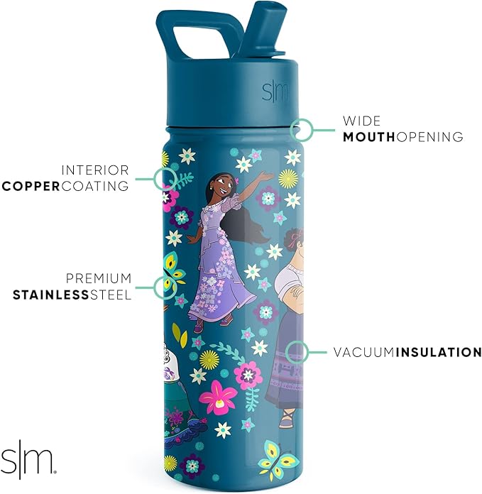 Simple Modern Kids Summit Water Bottle with Straw Lid | Disney Encanto 18oz Stainless Steel Cup Insulated Tumbler for Girls, School | Encanto