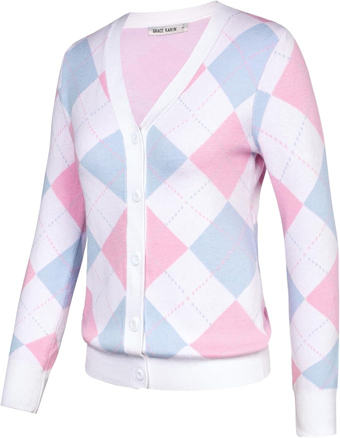 GRACE KARIN Womens Cardigan Sweater Fall Fashion Argyle Sweater Button Up Cardigan Teacher Outfits Preppy Clothes