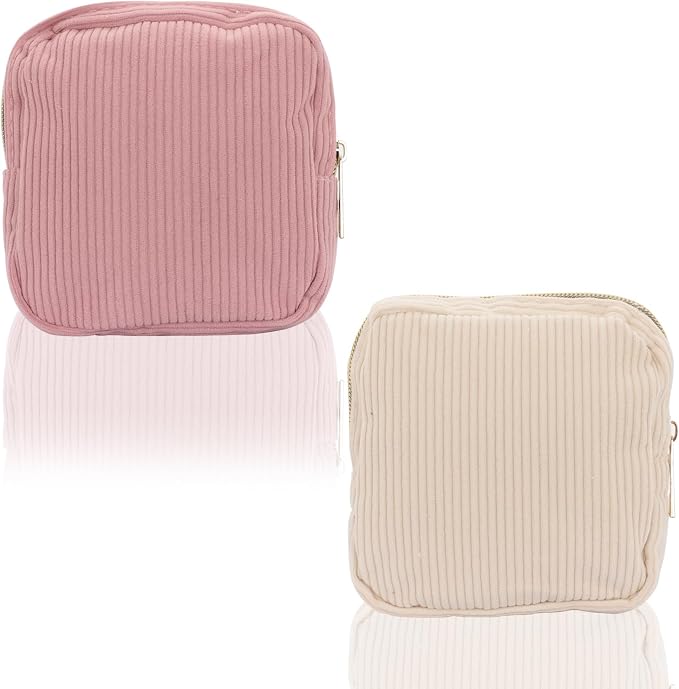 Feminine Corduroy Menstrual Care Bag for Women, Portable Zippered Sanitary Napkin Holder, Cute Travel Cosmetic Pouch for Tampons & Pads