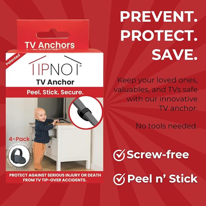 TV Anchor, No-Drill, Anti-Tip, Adhesive TV Safety Straps - Just Peel & Stick to Childproof and Babyproof Your Home 4-Pack