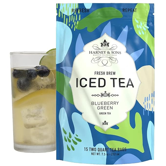 Harney & Sons Fresh Brew Iced Tea, Blueberry Green Tea, 15 Iced Tea Bags, Brews Up to 30 Quarts, Fruity Green Tea