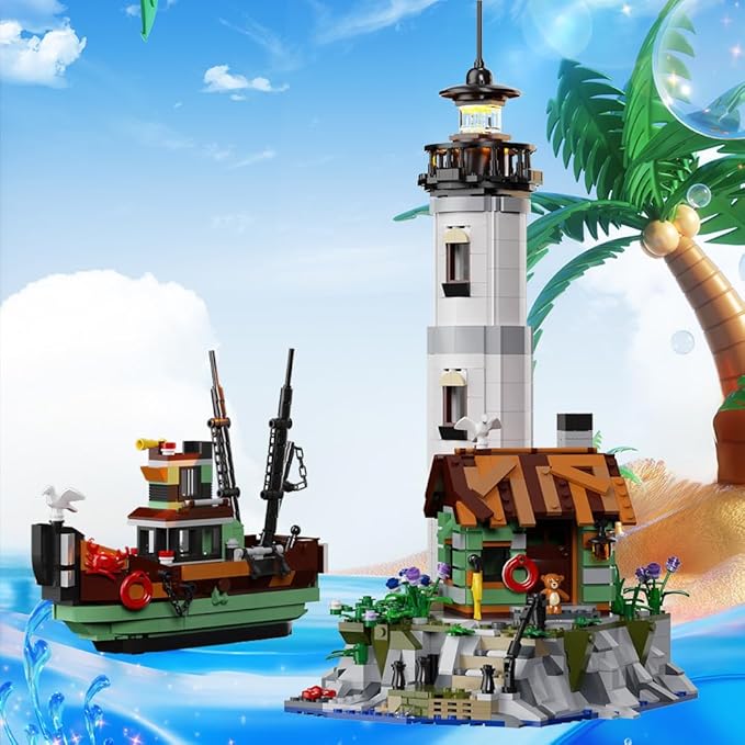 Lighthouse Building Block Adults Sets with Lighting, The Island Lighthouse Modular Architecture Construction Building Model Set Present for, (1480 Pcs)