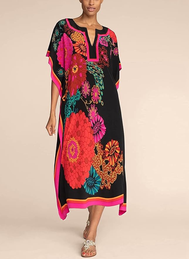 Venasha Womens Caftan Floral Print Kaftan Dress Short Sleeve Swimsuit Cover up Loungewear for Summer