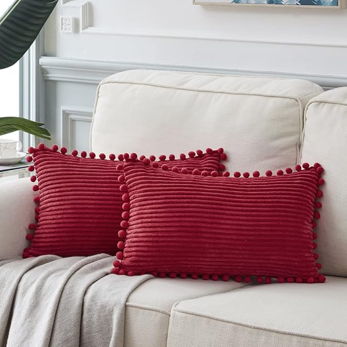 Fancy Homi 2 Packs Burgundy Lumar Decorative Throw Pillow Covers 12x20 Inch with Pom poms, Christmas Home Decor, Soft Corduroy Accent Rectangle Cushion Case for Living Room Couch Bed Sofa
