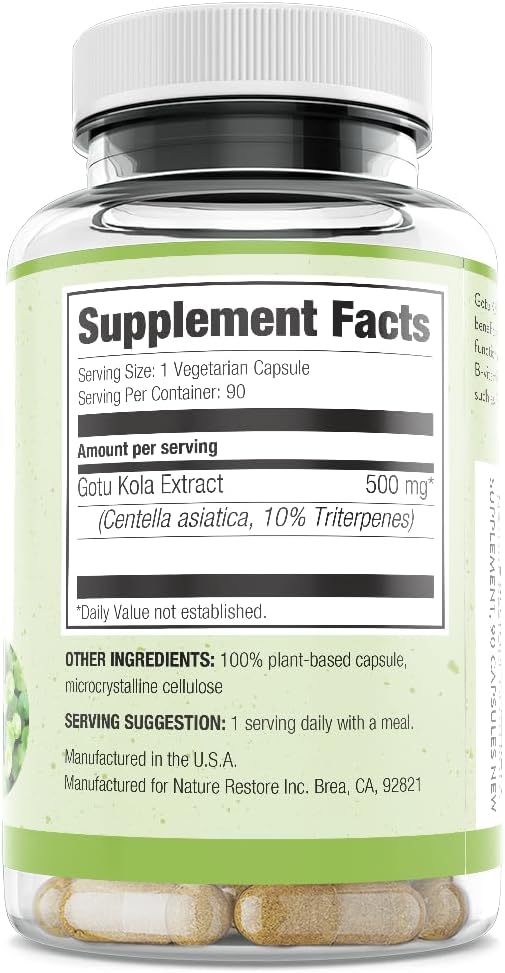 Nature Restore Gotu Kola Extract Supplement, 10 Percent Triterpenes Maximum Effectiveness, Manufactured in USA, 90 Capsules, Non GMO, Gluten Free, Vegan