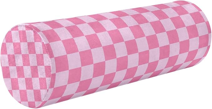 Checkered Pink Neck Roll Pillow Bolster Round Health Memory Foam Long Cervical Cylinder Pillows with Removable Washable Cover for Body Bed Legs Back Yoga