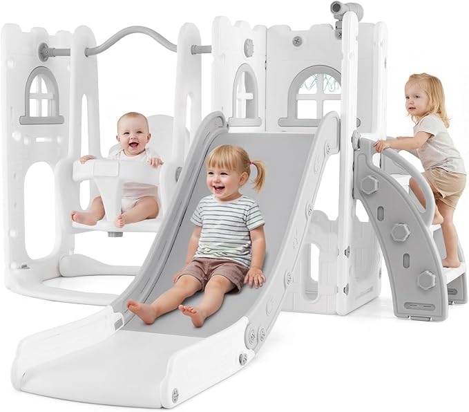 OLAKIDS Toddler Slide and Swing Set, 7 in 1 Kids Indoor Outdoor Playground with Climber Basketball Hoop Telescope Toy Storage for Boys Girls Aged 1+ (Grey)