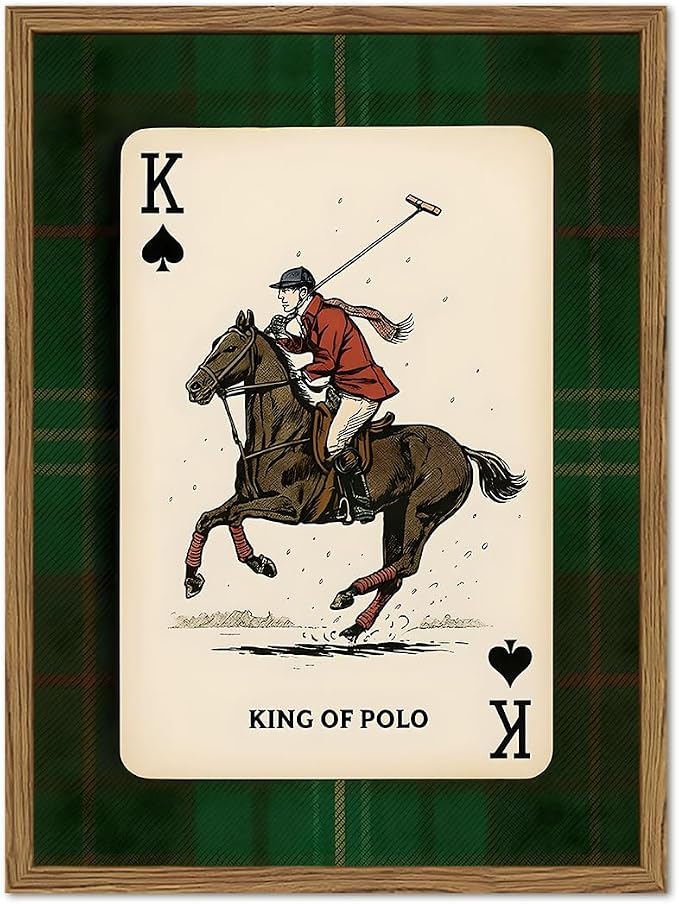Vintage Equestrian Wall Art, King of Polo Wall Decor Painting Rustic Race Horse Sports Poster Canvas Prints Picture for Game Room Living Room Bedroom 16x24 inch Wood Framed