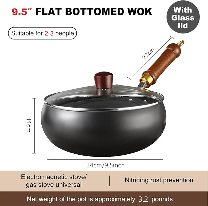 Carbon Steel Wok Pan, 9.4 INCH Nonstick Pre-Seasoned Woks & Stir-Fry Pans with Lid, No Chemical Coating Wok Flat Bottom Small Handmade Chinese Wok for Induction, Gas, Electric & All Stoves