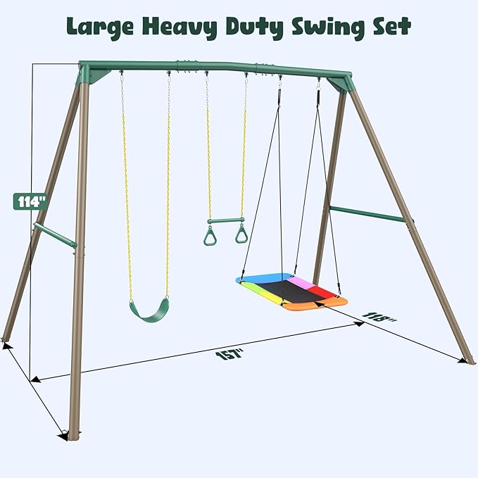 Hapfan 9.5' Tall Swing Sets for Backyard with Platform Swing, Heavy Duty Metal Swingset Outdoor for Kids with Trapeze Bar (Green and Brown)