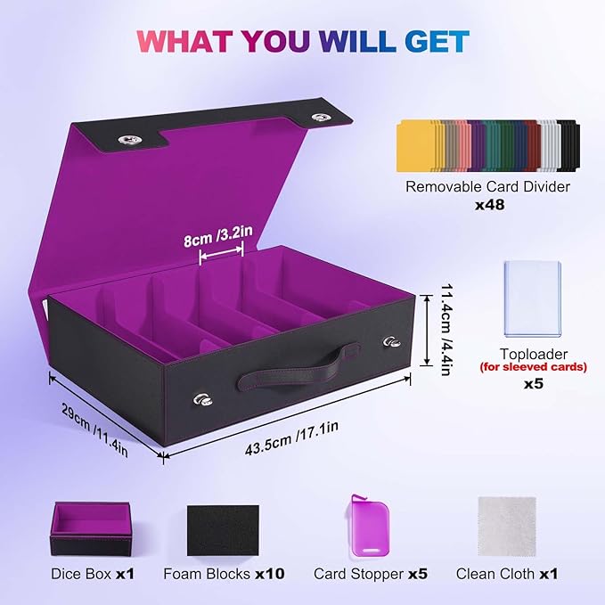 UAONO Trading Card Storage Box with Commander Display, 5 Row Magic Card Box with Handle & Aluminum Alloy Locking for 3900+ Unsleeved Cards Suits for MTG PTCG TCG Sports Cards (Black Purple)
