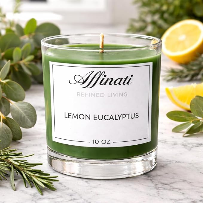 Lemon Eucalyptus Affinati 10 oz Scented Candle for Home – Long Lasting Fruity Soy Blend Candle with Wooden Wick, Strong Scent Throw Glass Jar Candles, Premium Clean Burning Aromatherapy Gifts