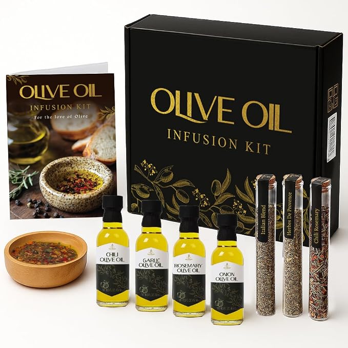 Infused Olive Oil Gift Set – Variety Pack - 4 Flavored Olive Oil Extra Virgin, 3 Spice Flavorful Infusion Blends, Bread Dipping Bowl & Recipe Booklet - Set of 8 – Gourmet Cooking Gifts for Women - Gift For Dad