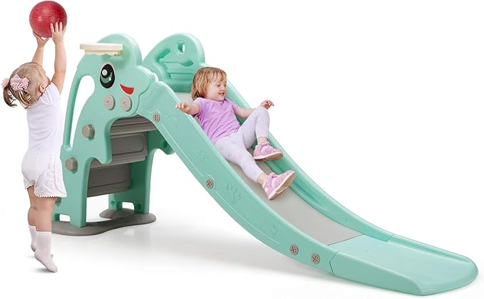 BABY JOY Toddler Slide, Kids Large Slide Play Climber Set with Long Slipping Slope, Basketball Hoop and Ball, Enclosed Steps, Easy Assemble Indoor Outdoor Backyard Freestanding Slides for Kids Age 1-8