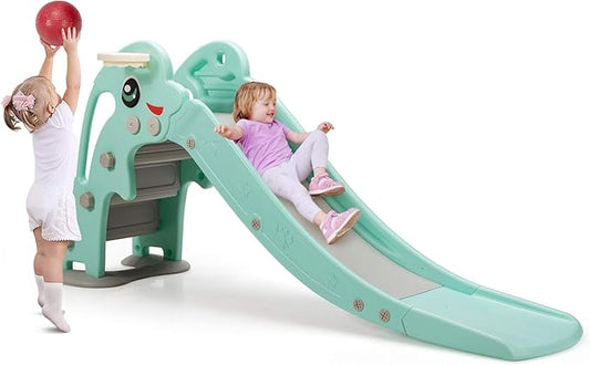 BABY JOY Toddler Slide, Kids Large Slide Play Climber Set with Long Slipping Slope, Basketball Hoop and Ball, Enclosed Steps, Easy Assemble Indoor Outdoor Backyard Freestanding Slides for Kids Age 1-8