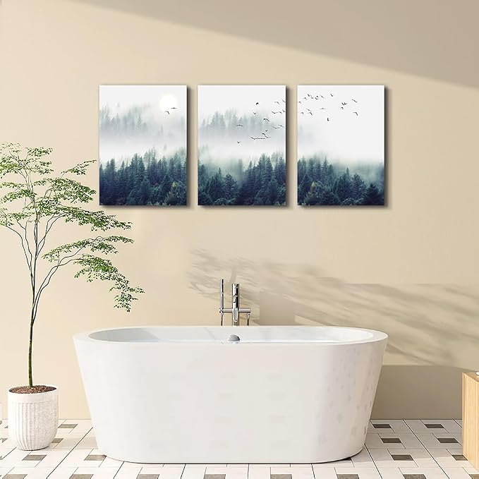 3 Piece Canvas Wall Art for Living Room Wall Decorations for Bedroom Office Wall decor Foggy forest Trees Landscape painting Stretched and Framed Ready to Hang pictures Home Decor 12"x16"x3 Panels